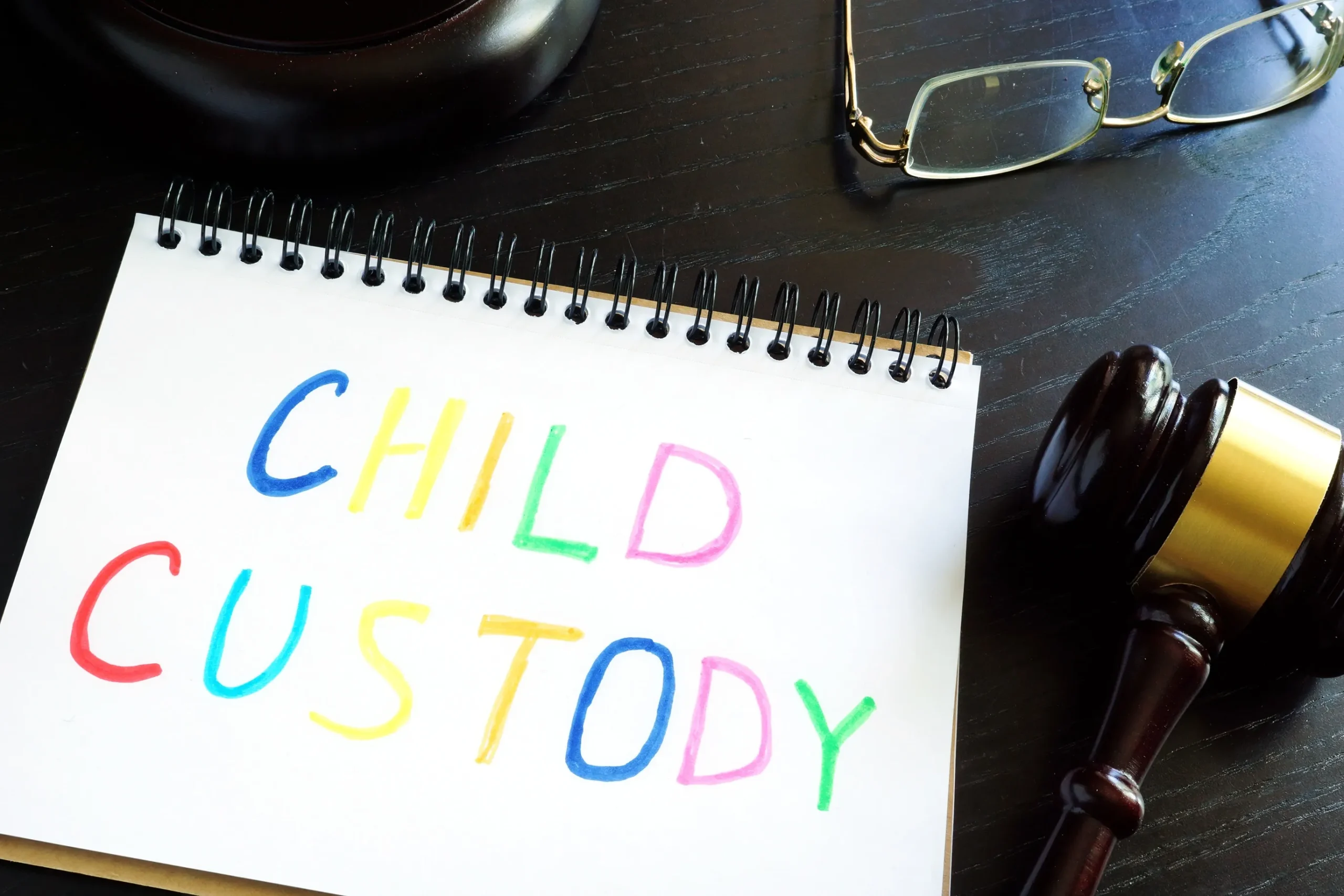 A piece of paper with Child Custody written in different colors on it.
