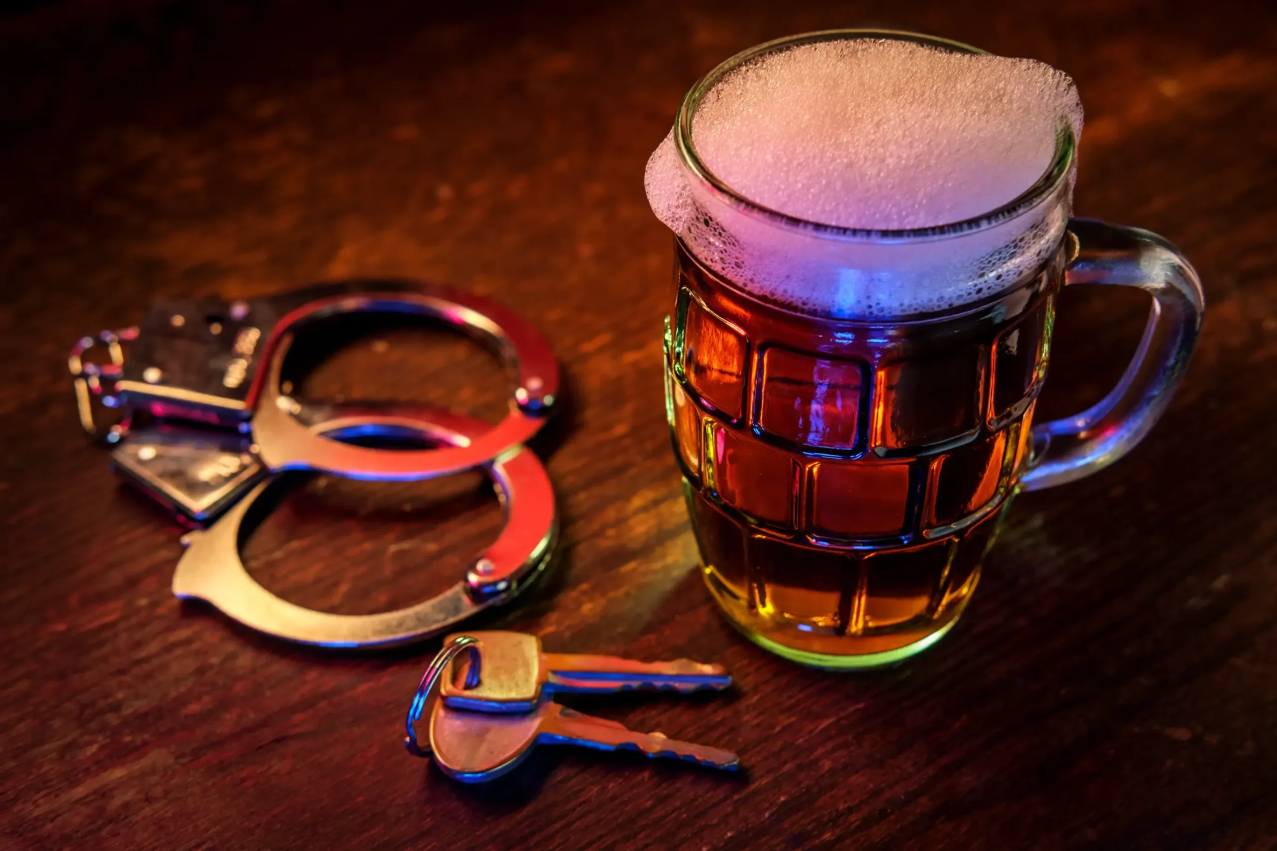 A glass of beer, handcuffs and keys on a bar.