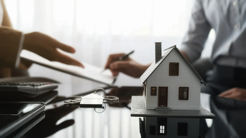 A miniature house on a desk with two people in the background signing a contract.