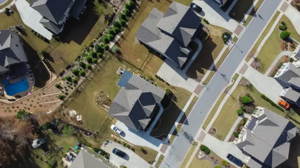 An aerial view of the houses in a neighborhood.