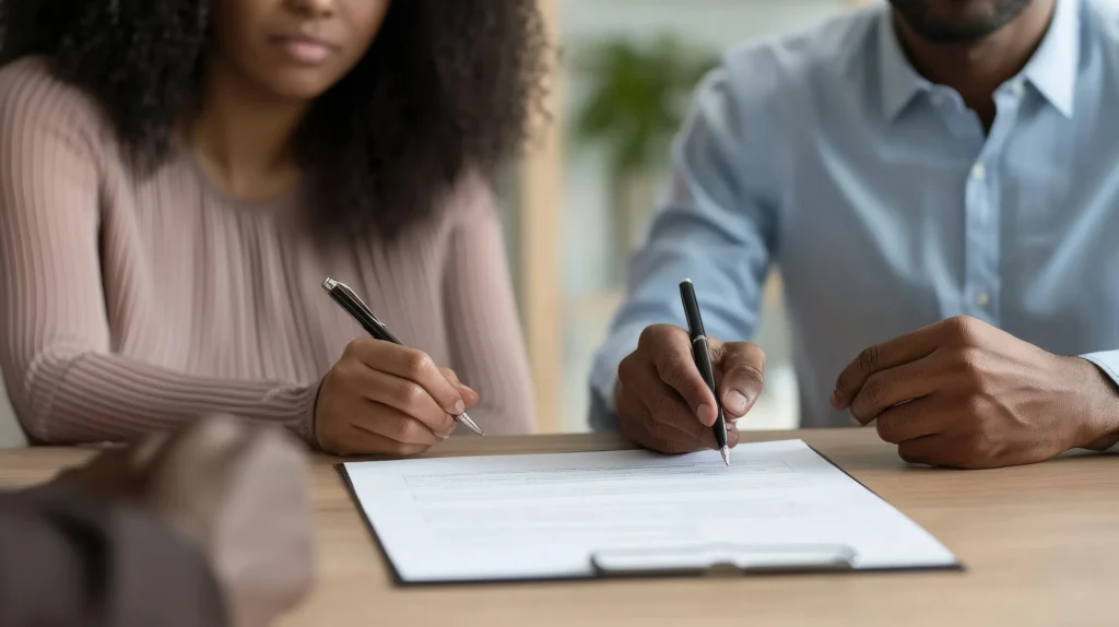 Couple sitting together and signing paperwork, representing an uncontested divorce in Sugar Land.
